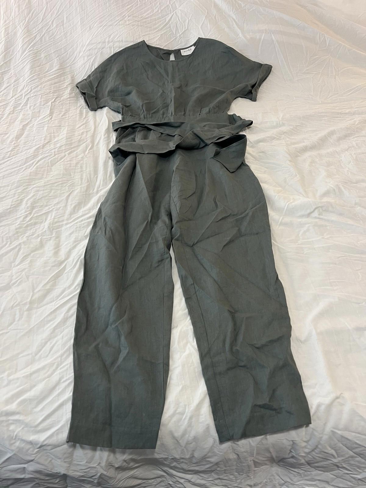 Rumer LouLou womens jumpsuit 100% linen minimalist open back belt Medium 141