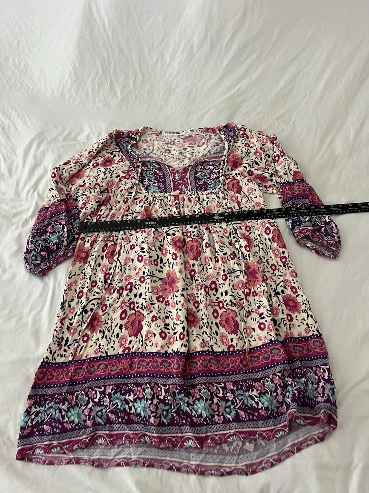 Temofon Ruffle Long Sleeve Dress Women's Size Large Purple Pink V-Neck 134