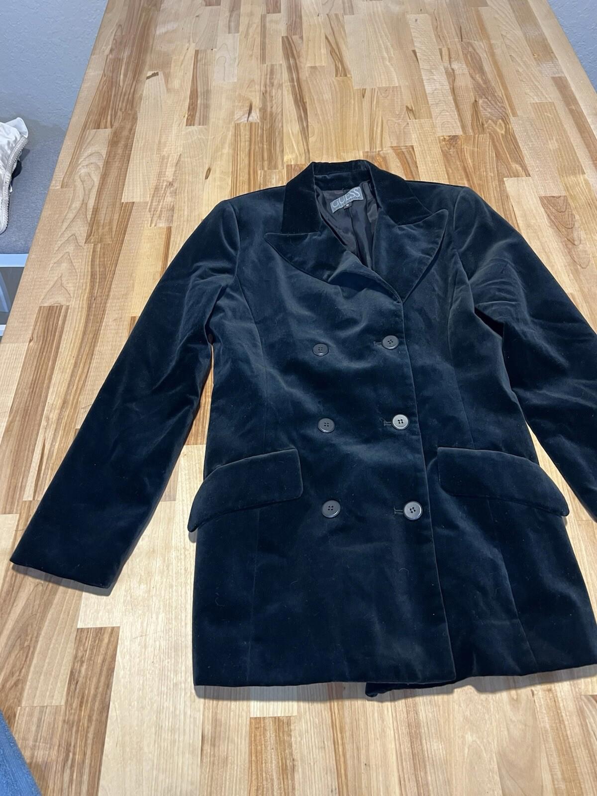 Guess USA Vintage Black Shimmer Velvet Button Down Overcoat Jacket Medium 352