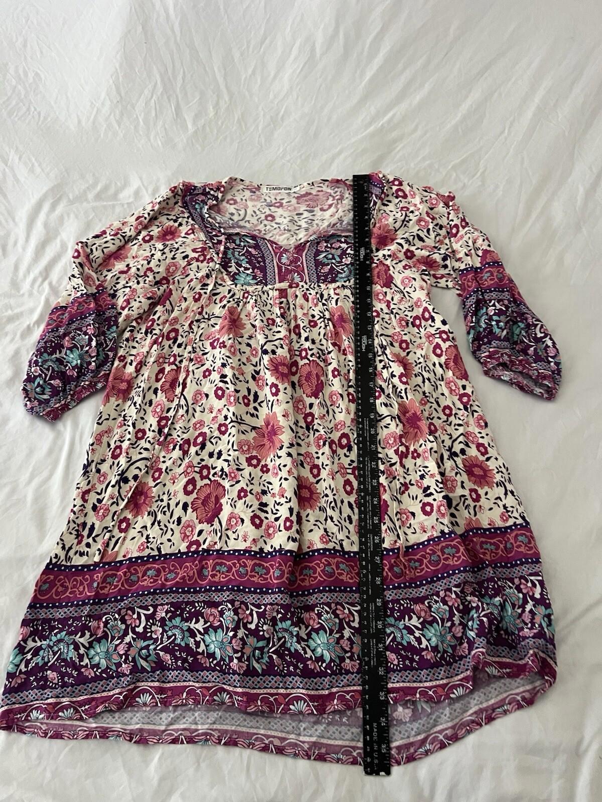 Temofon Ruffle Long Sleeve Dress Women's Size Large Purple Pink V-Neck 134