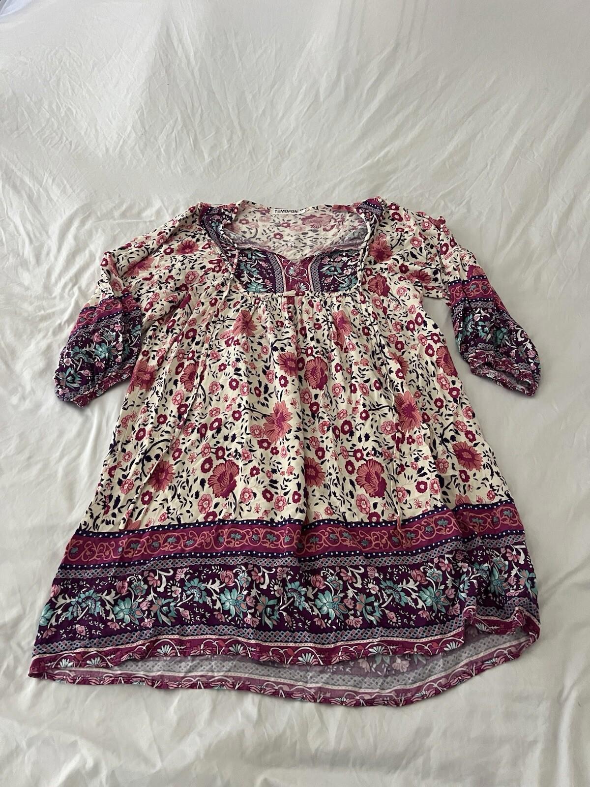 Temofon Ruffle Long Sleeve Dress Women's Size Large Purple Pink V-Neck 134