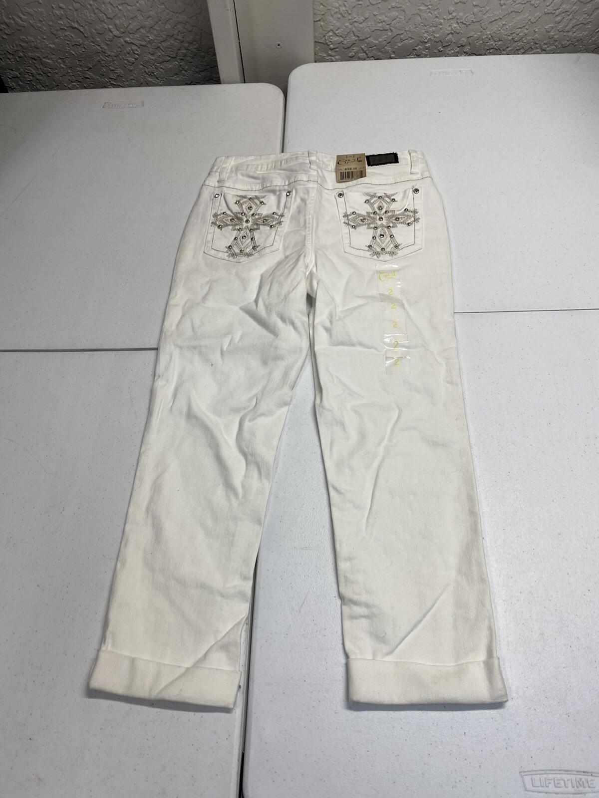 EARL JEAN Women Size 2 White Bling Embellished Cropped Stretch Jean BinV