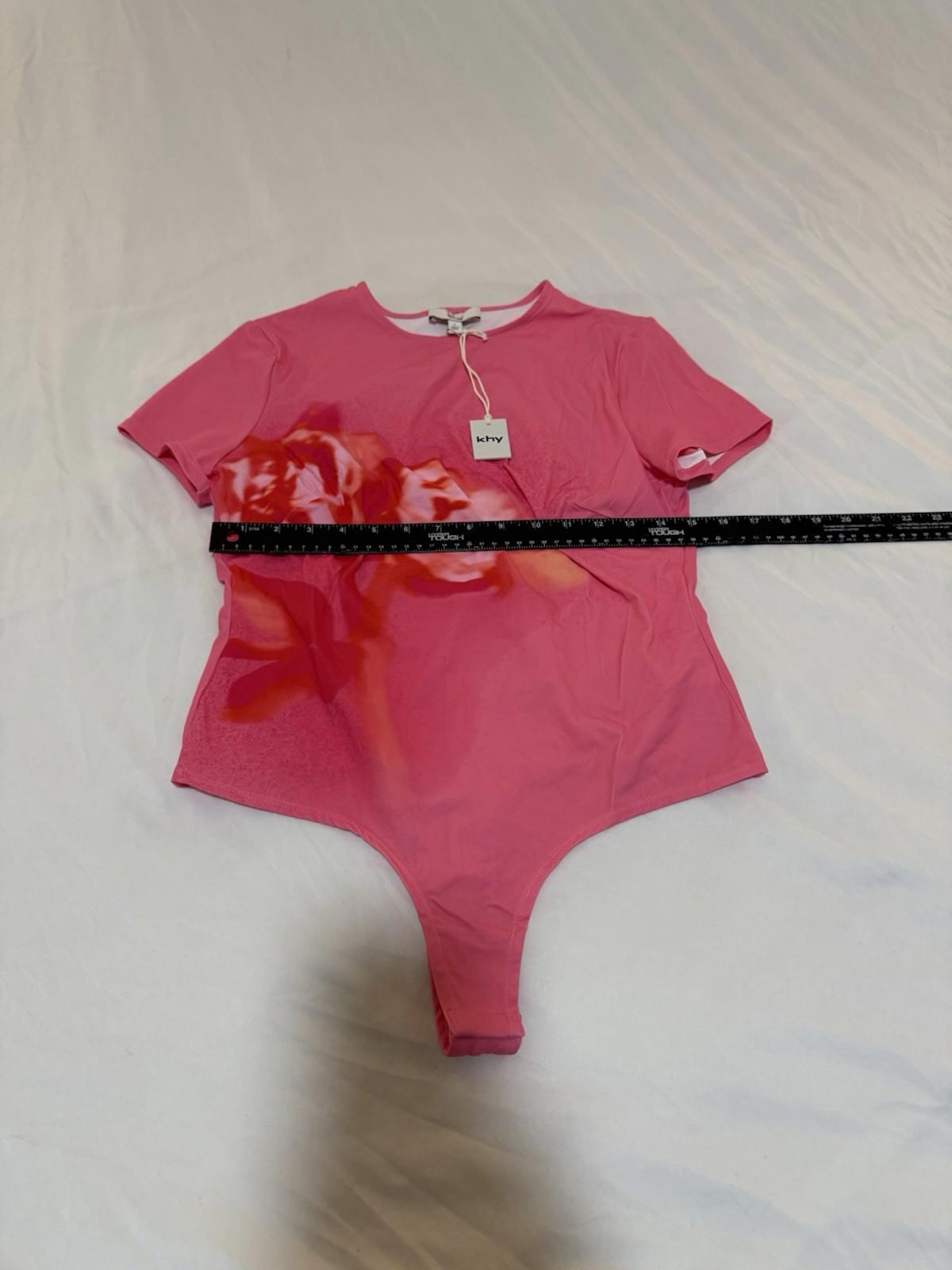 Khy Pink Floral Sexy Thong Bodysuit, NWT Size Large  Short Sleeved 148