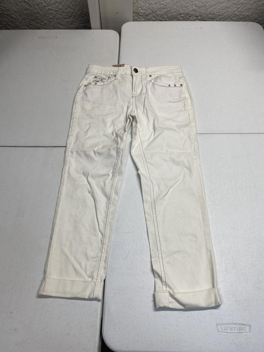 EARL JEAN Women Size 2 White Bling Embellished Cropped Stretch Jean BinV