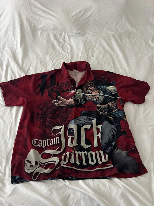 Vintage Disney Store Jack Sparrow Hawaiian Shirt Mens XL Red Short Sleeve 131